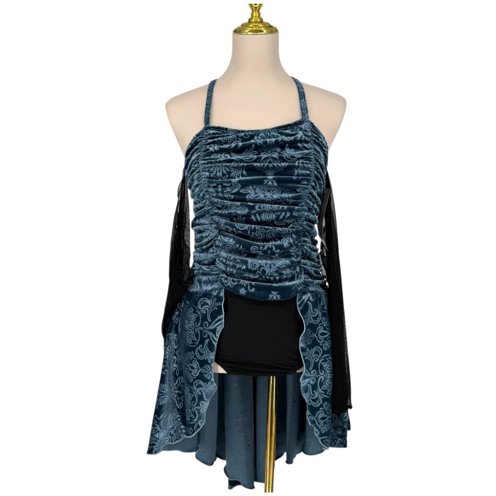 Pumpers Dance Dress L Blue Lyrical Costume Burnout Damask Mesh Sleeve Leotard - Picture 2 of 12